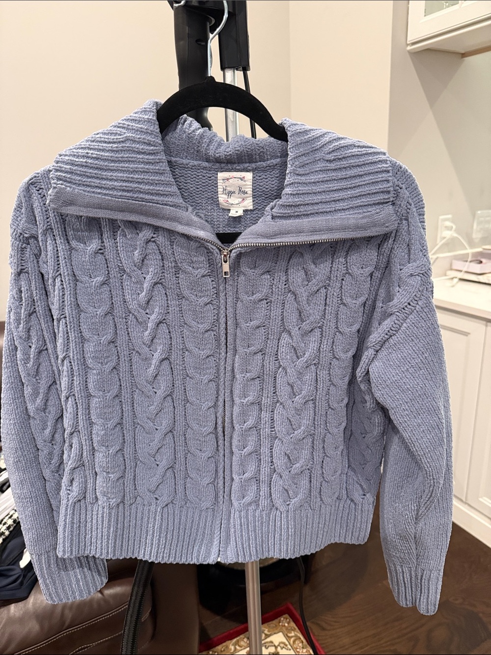 Hippie Rose Light Blue Cable Knit Zip Cardigan